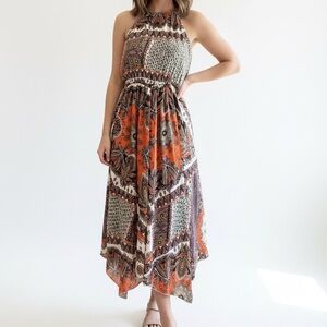 Easel Orange and Tan Boho Midi Dress- Medium